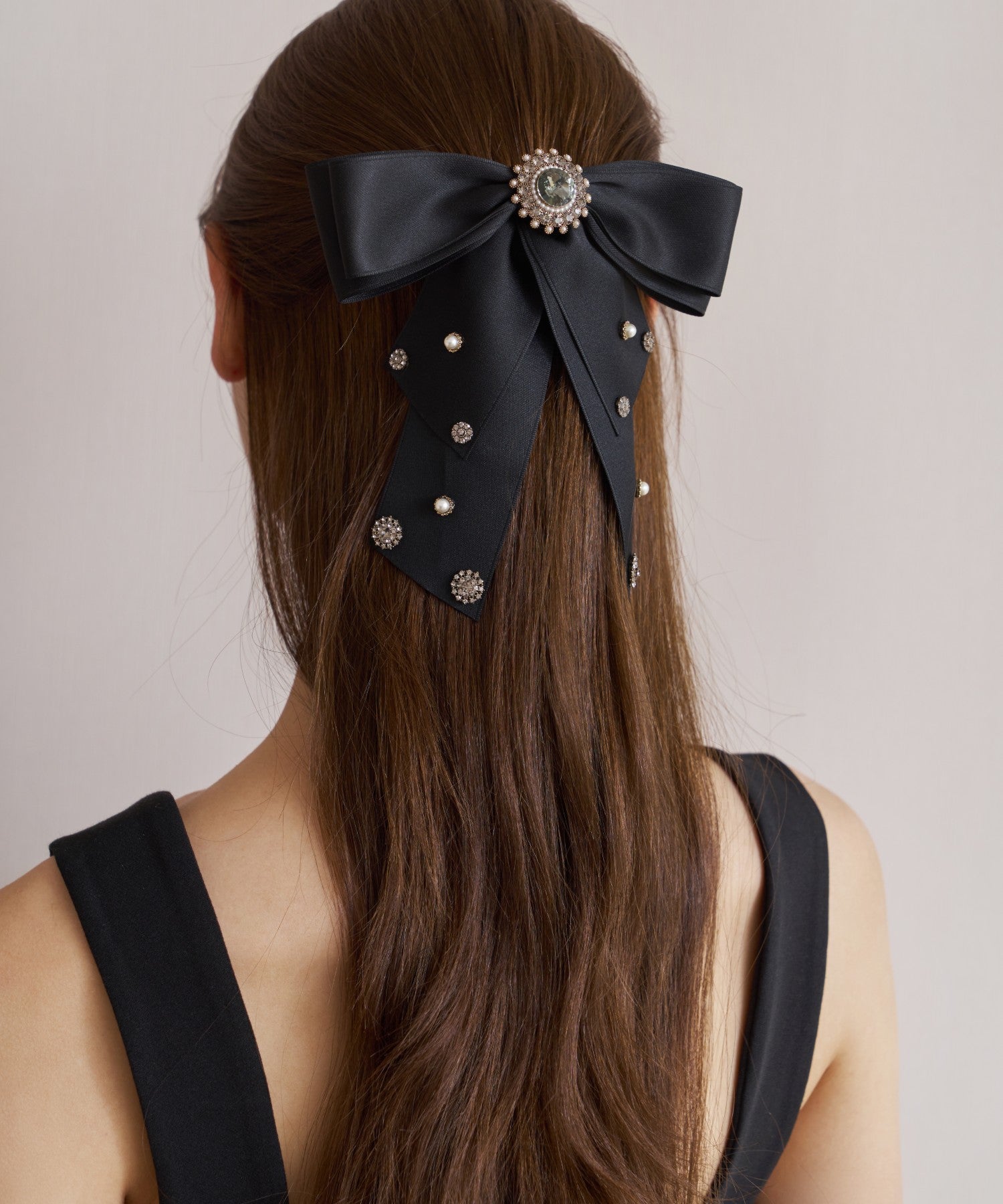 Nerori Barrette クリスタル パール サテン ビック リボン バレッタ