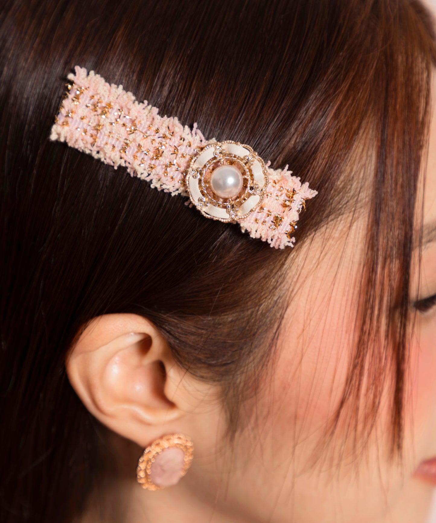 Luna Tweed Clip Pin ツイード リボン レザー パール ヘアピン