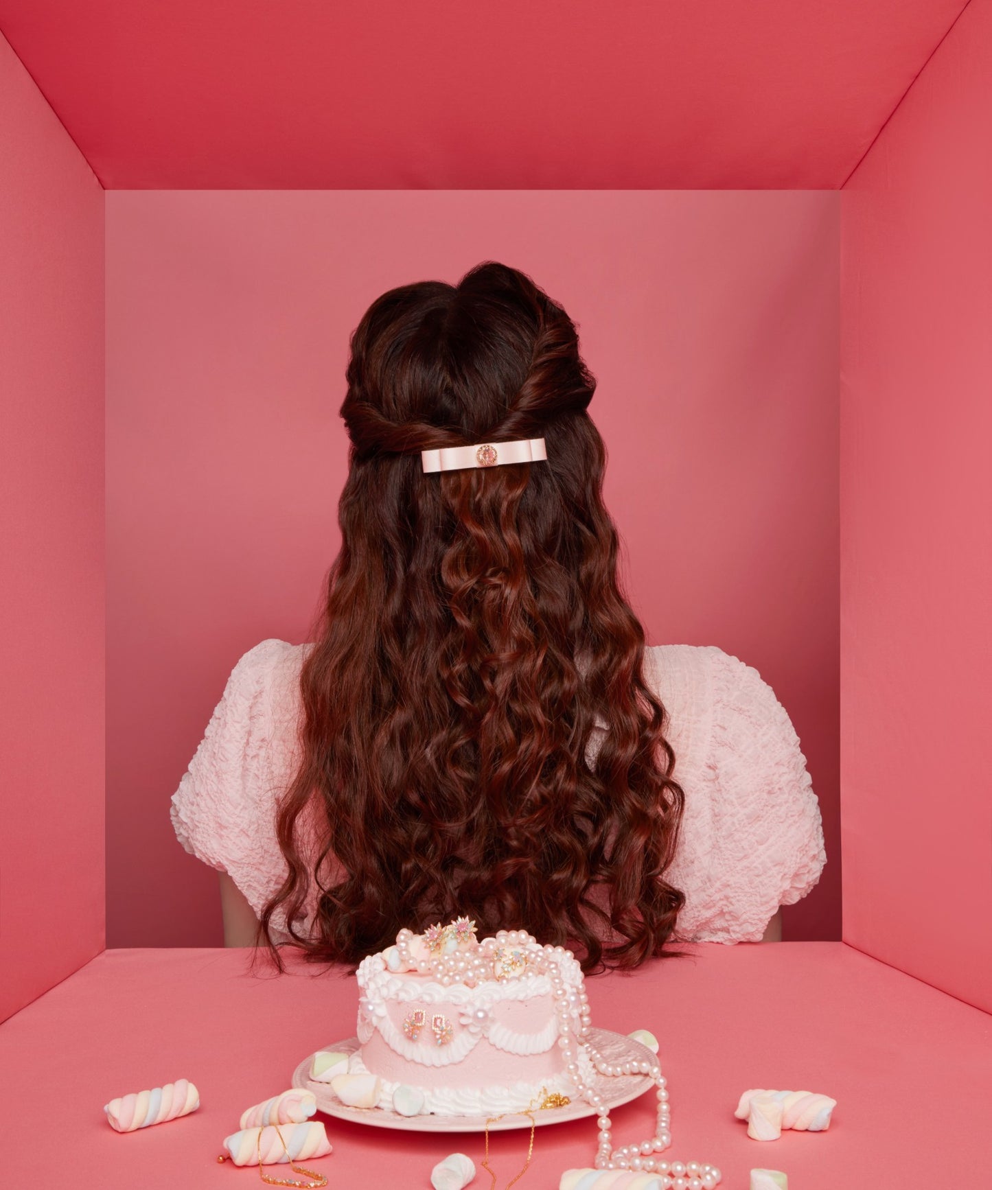 Elda Barrette L クリスタル サテンリボン バレッタ ヘアアクセサリー