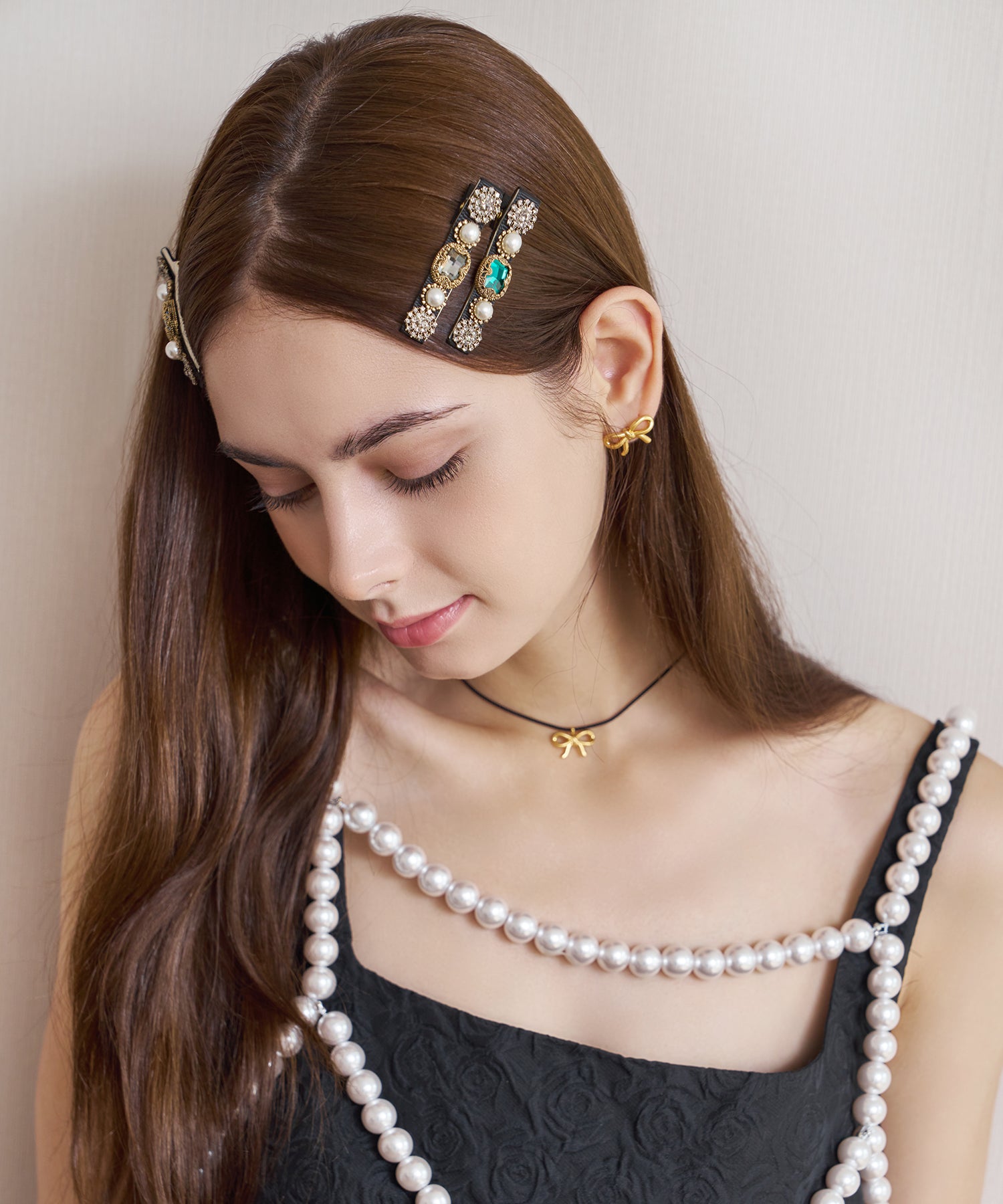 レナ クリスタル パール アンティーク ミニ ヘアクリップ | Mela