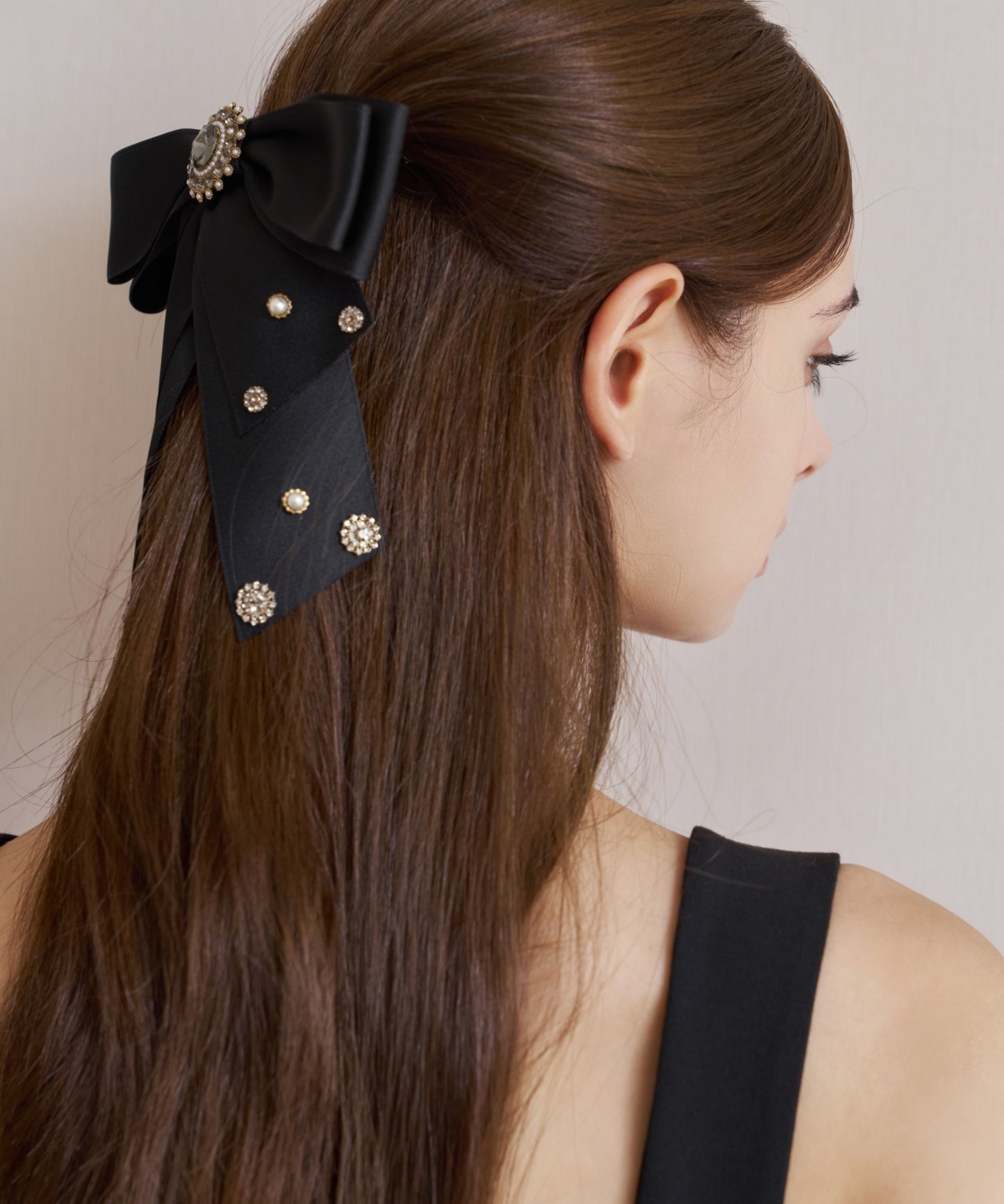 Nerori  Barrette クリスタル パール サテン ビック リボン バレッタ