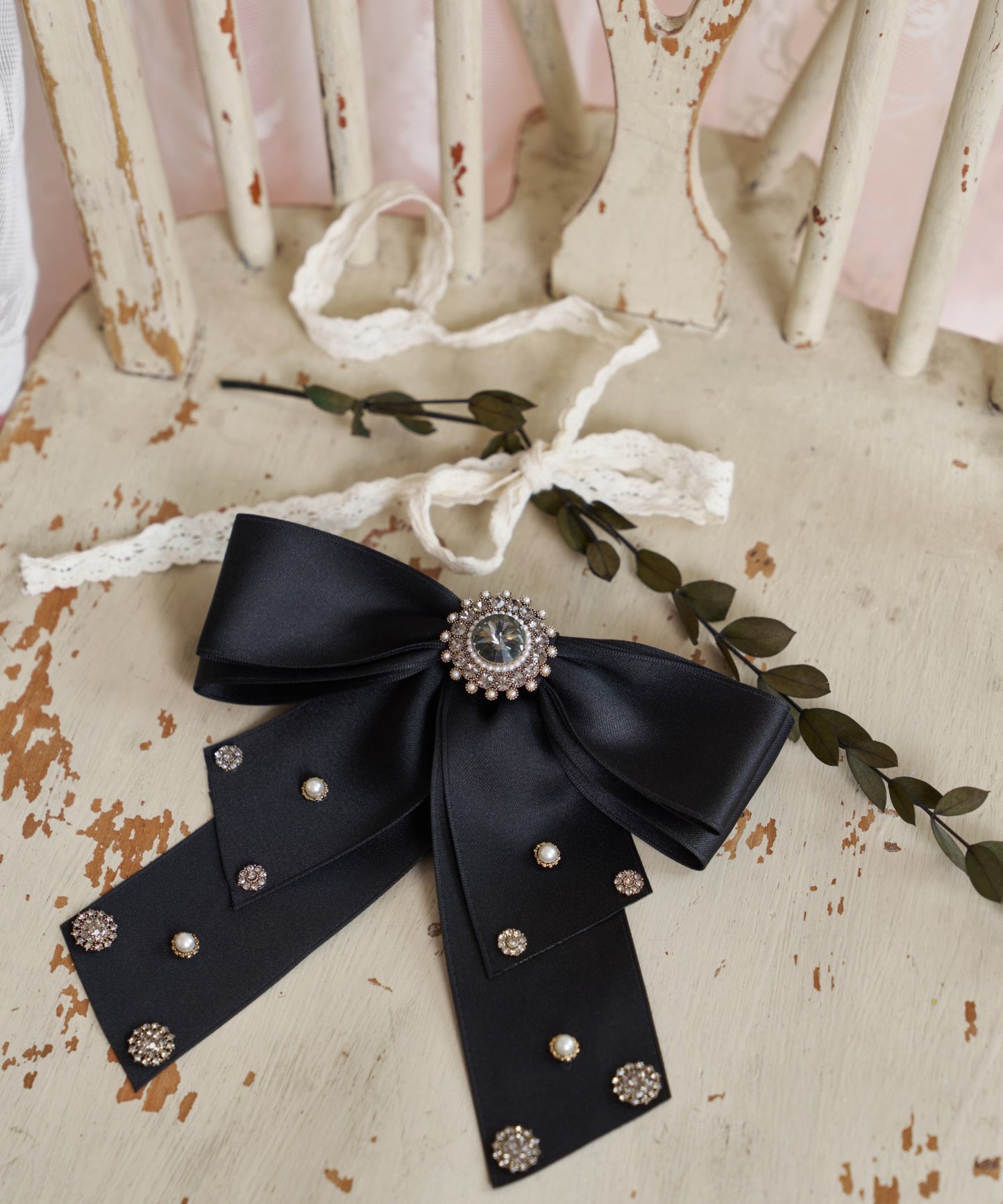 Nerori  Barrette クリスタル パール サテン ビック リボン バレッタ