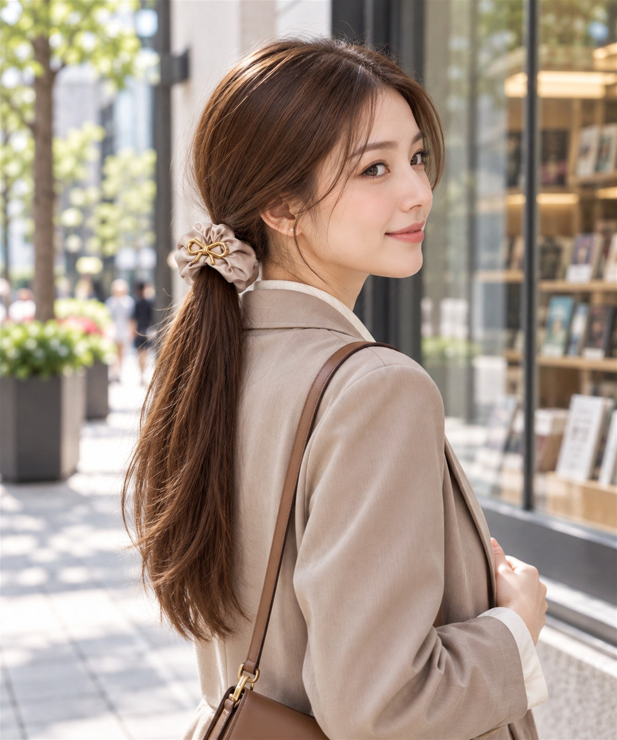 Rosella サテンシュシュ ベージュ 街でのお出かけシーンでの着用イメージ
