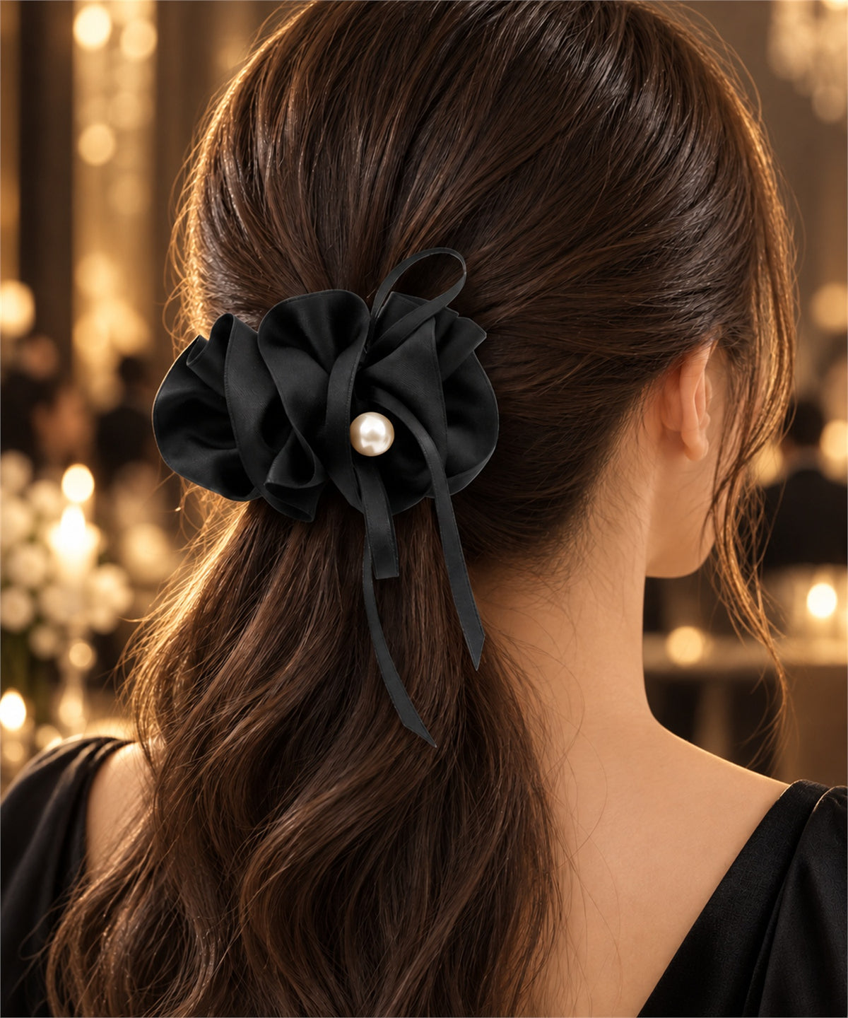 Serve Hair Pin サテンフラワーヘアピン ブラック パーティーシーンでの着用イメージ