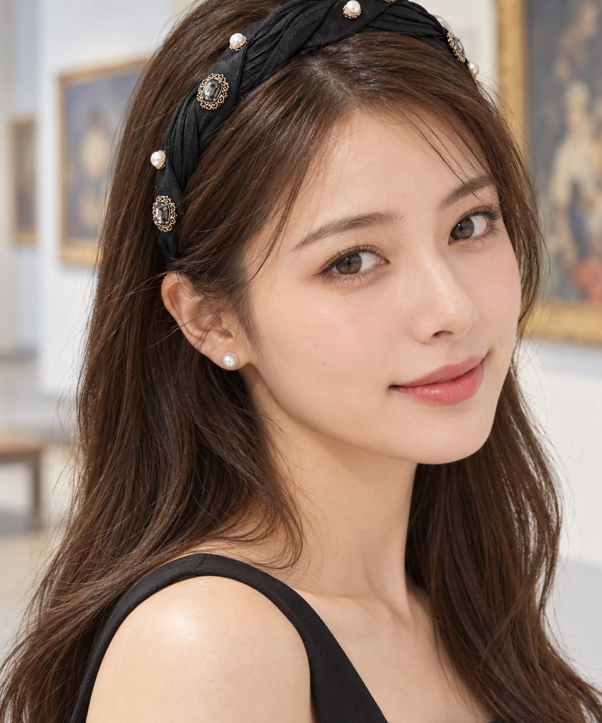 Mela Bianca Lorelei パールビジューカチューシャ ブラック 正面斜めの着用イメージ