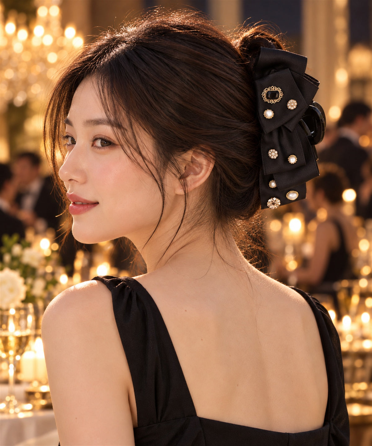 Nilda バンスクリップ ブラック 夜のパーティーでの着用イメージ